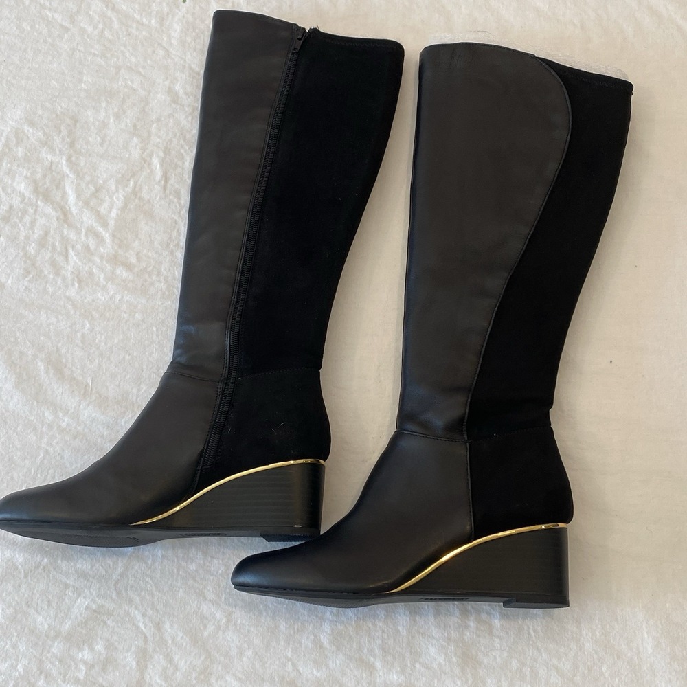 ALFANI Womens Black Mixed Media Beverly Round Toe Wedge Leather Boots 8M NIB